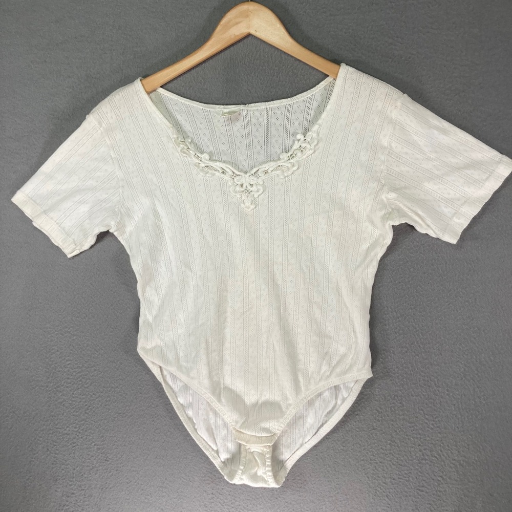 Vintage White Lace Trim Short Sleeve‎ Women's Bodysuit Top Sheer Eyelet 80s 70s